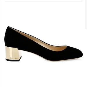Jimmy Choo Jessie, black suede with gold heel